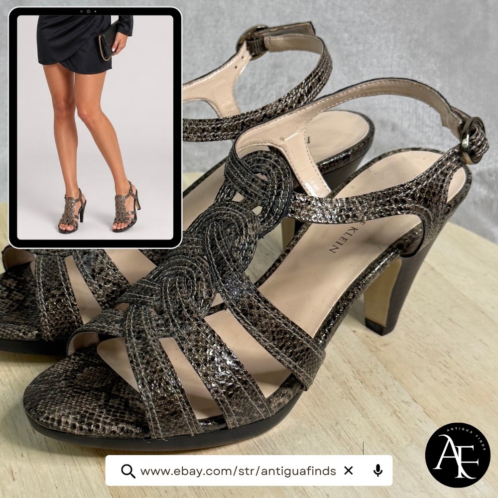 Anne Klein AK7ELIZA Brown Snakeskin Strappy Heels Sandals Womens‎ 7.5M Buckle